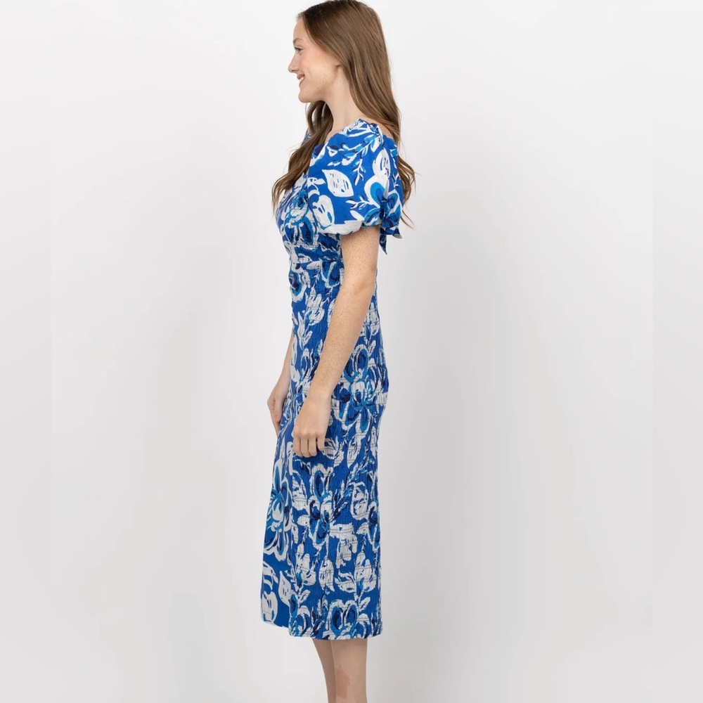 NWT Cleobella Zora Puff Sleeve Midi Dress in Azure Print Blue Size S - Picture 2 of 11